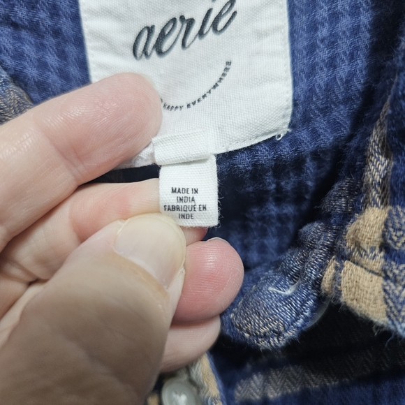 Aerie Plaid Button Down Shirt Cotton Gauze Size Medium Women’s Blue Cream Tan. - Picture 7 of 8